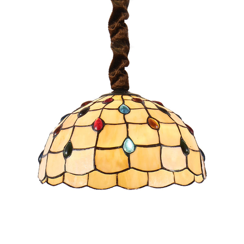 Lampe suspendue en vitrail Tiffany - Bol de 12" ou 16" de large - 1 ampoule - Couleur beige - Accents de perles colorées