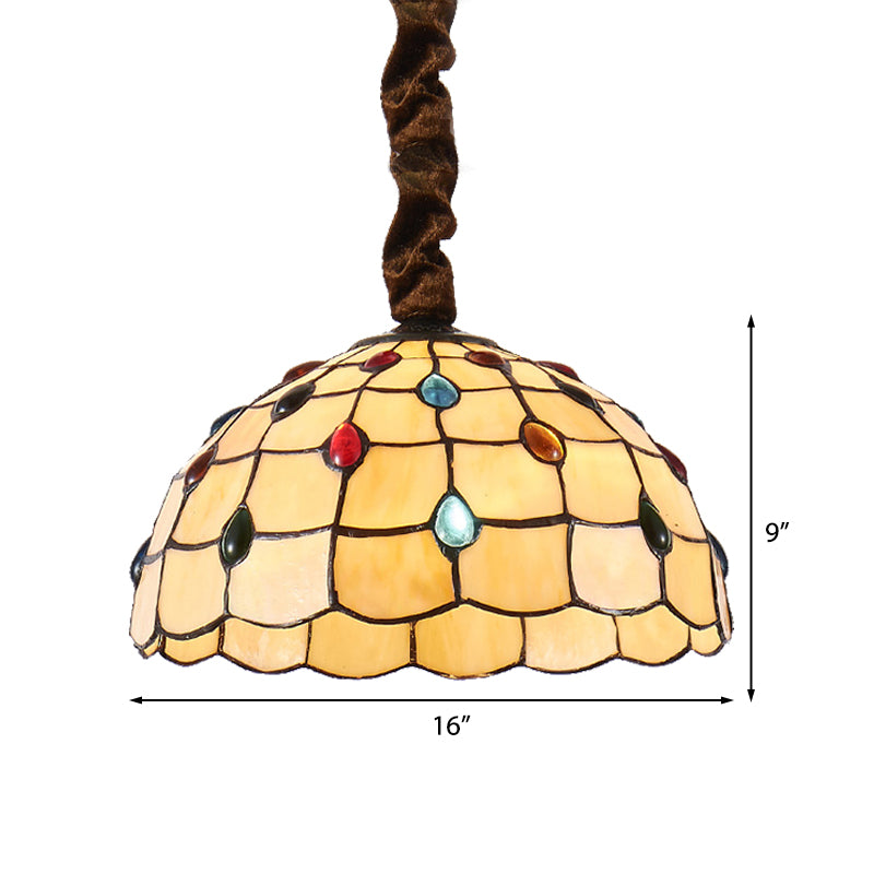 Lampe suspendue en vitrail Tiffany - Bol de 12" ou 16" de large - 1 ampoule - Couleur beige - Accents de perles colorées