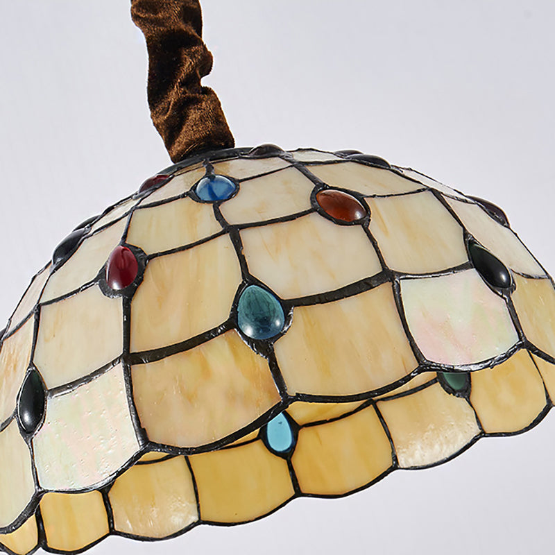 Lampe suspendue en vitrail Tiffany - Bol de 12" ou 16" de large - 1 ampoule - Couleur beige - Accents de perles colorées