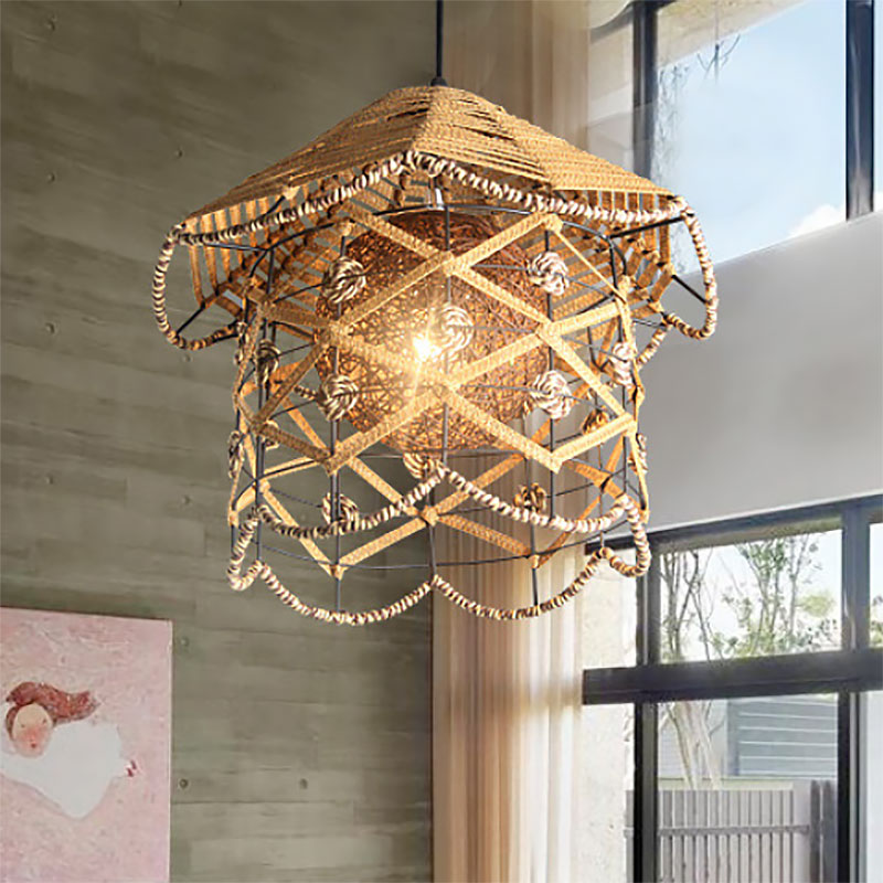 Asian Style Beige Pendant Light with Metal & Rope for Cottage