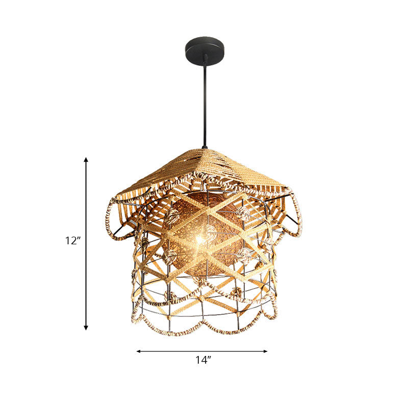 Asian Style Beige Pendant Light with Metal & Rope for Cottage