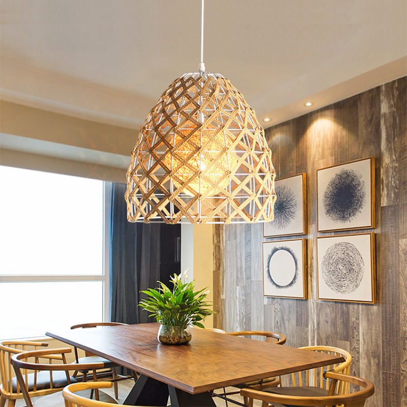 Asian Style Beige Pendant Light with Metal & Rope for Cottage