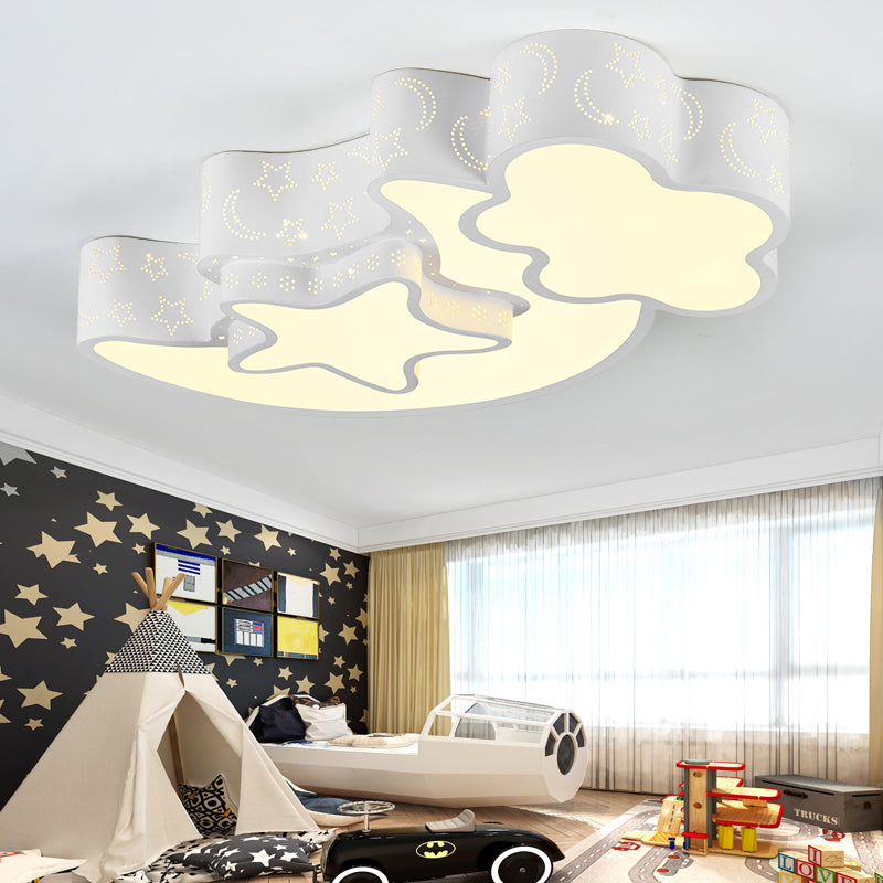 Modern Metal Etched Star Moon Flush Ceiling Light in White for Foyer