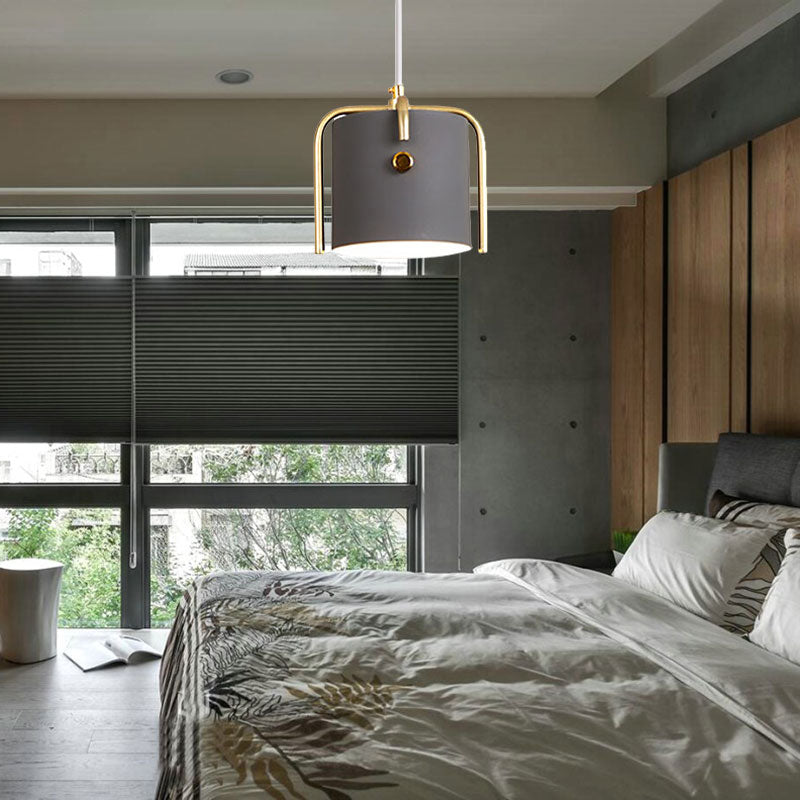 Stylish Macaron Hanging Light - 1 Light with Metallic Shade - Gray/White Barrel Suspension Lamp - Ideal for Dining Room