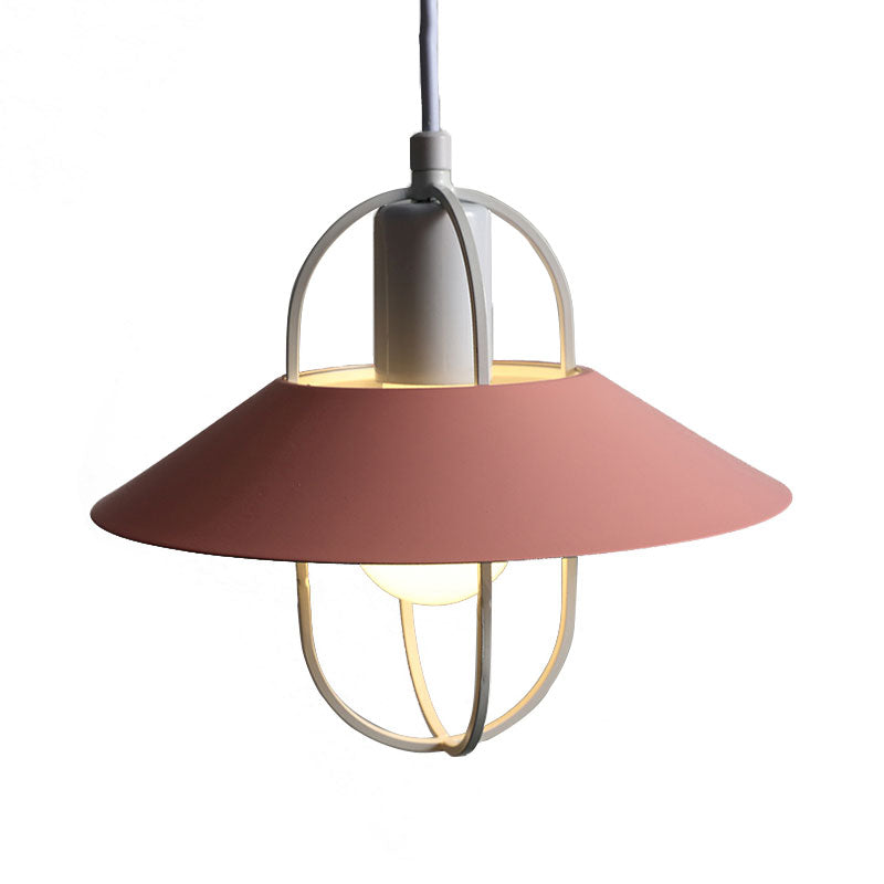 Contemporary Hanging Light with Metal Shade - 1 Light - Black/Pink/White Lantern Suspension