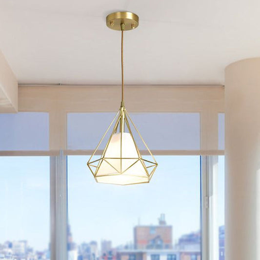 Simplicity 1-Head Brass Diamond Cage Pendant Light with Flaxen Inner Fabric Shade