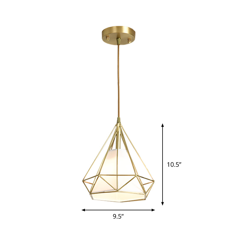 Simplicity 1-Head Brass Diamond Cage Pendant Light with Flaxen Inner Fabric Shade