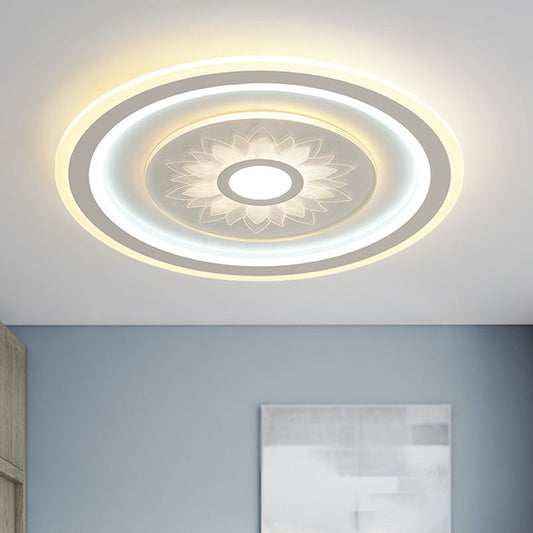 Contemporary Circular LED Ceiling Light Fixture with White Acrylic Flushmount and Elegant Flower Pattern