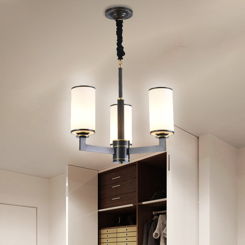 Lustre minimaliste noir à 3 bras et abat-jour en verre blanc givré - Plafonnier de salle à manger