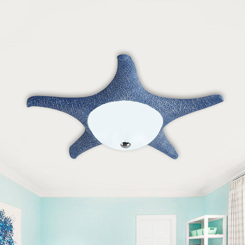 Kid's LED Blue Starfish Flush Mount Lamp with Dome White Glass Shade