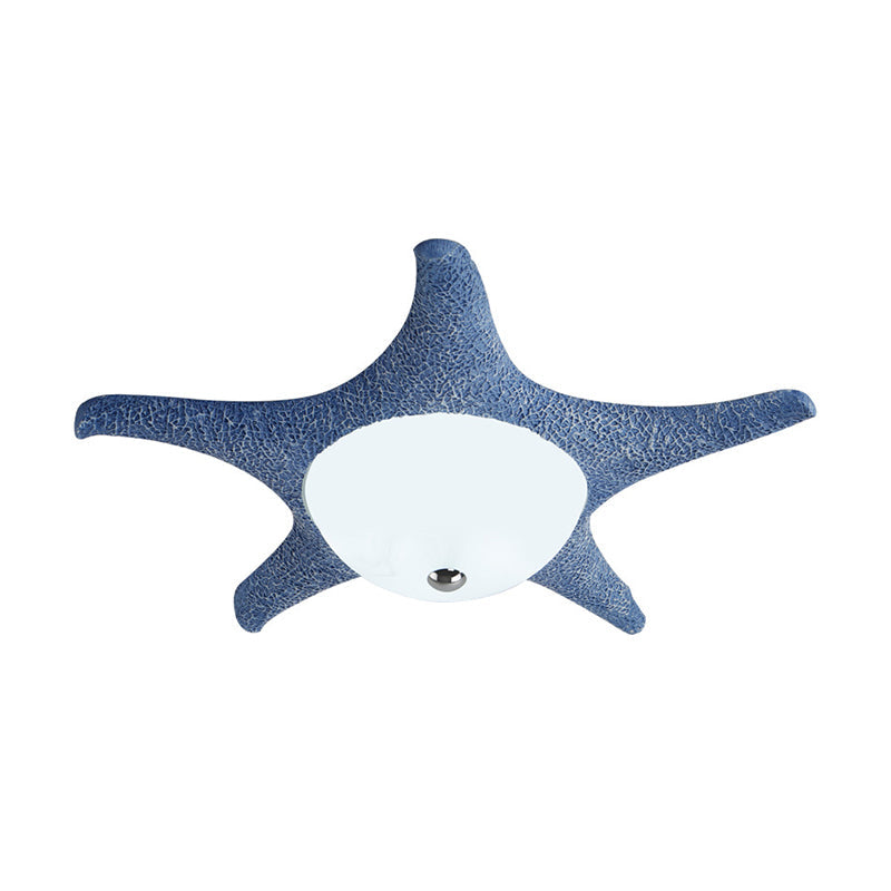Kid's LED Blue Starfish Flush Mount Lamp with Dome White Glass Shade