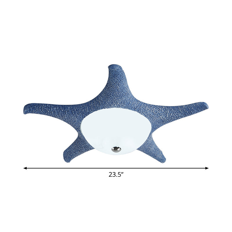 Kid's LED Blue Starfish Flush Mount Lamp with Dome White Glass Shade
