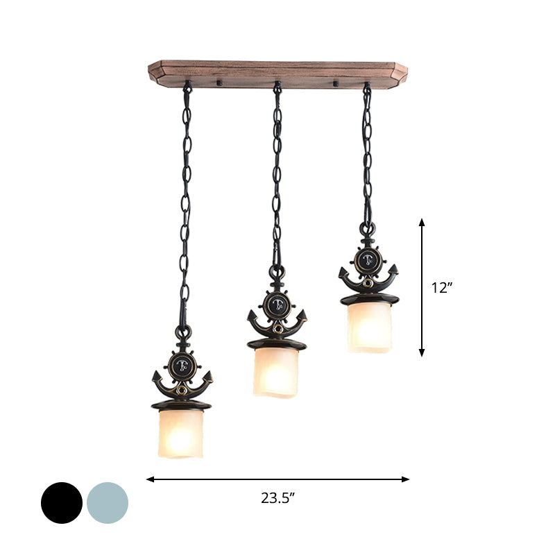Dimpled Glass Cylindrical Pendant Lights - Modern 3-Head Down Lighting In Black/Blue With Anchor