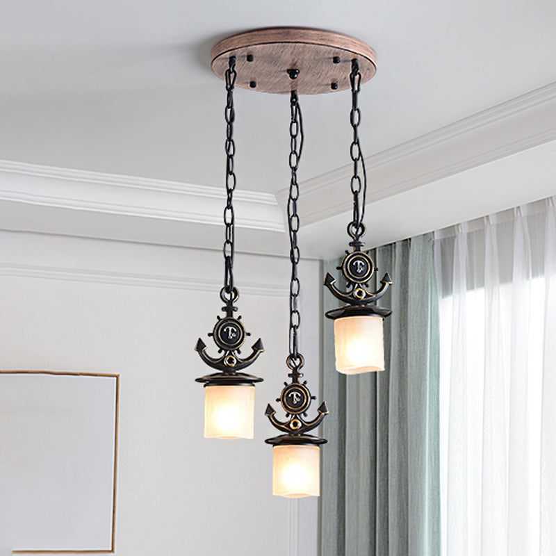 Dimpled Glass Cylindrical Pendant Lights - Modern 3-Head Down Lighting In Black/Blue With Anchor