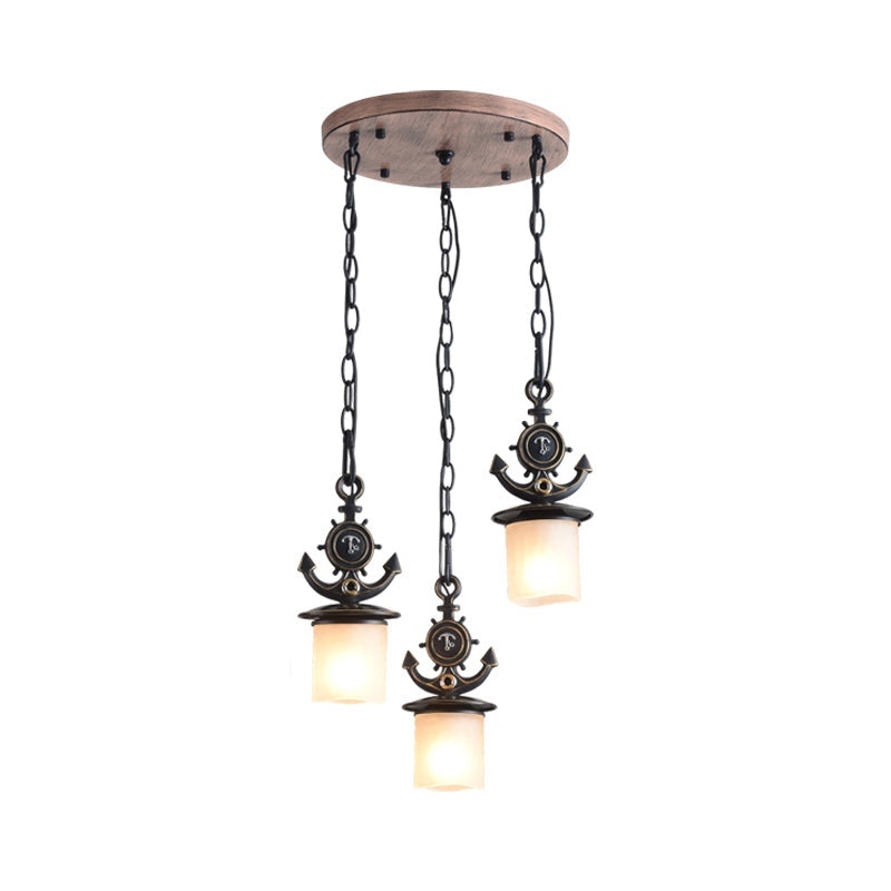 Dimpled Glass Cylindrical Pendant Lights - Modern 3-Head Down Lighting In Black/Blue With Anchor