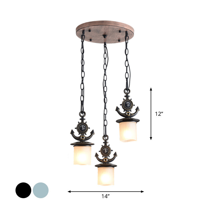 Dimpled Glass Cylindrical Pendant Lights - Modern 3-Head Down Lighting In Black/Blue With Anchor
