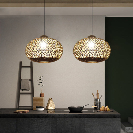 Rustic Single Bulb Pendant Lighting Kit: Oval Lantern Hemp Rope Hanging Lamp In Flaxen