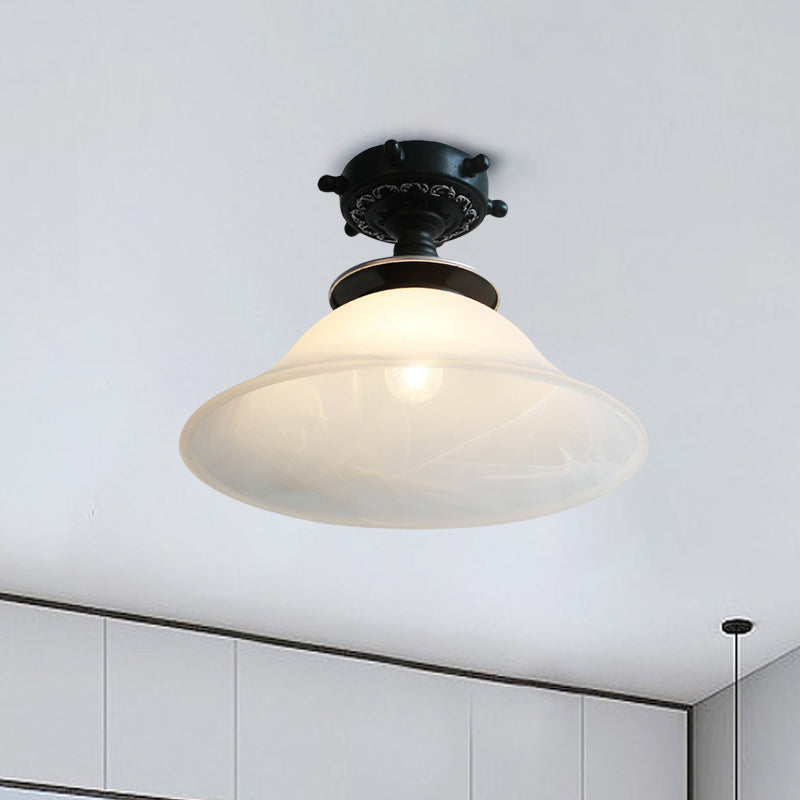 Plafonnier en verre opalin de style nautique en forme de cloche en noir/blanc/bleu – Luminaire semi-encastré à 1 ampoule pour couloir