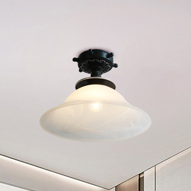 Plafonnier en verre opalin de style nautique en forme de cloche en noir/blanc/bleu – Luminaire semi-encastré à 1 ampoule pour couloir