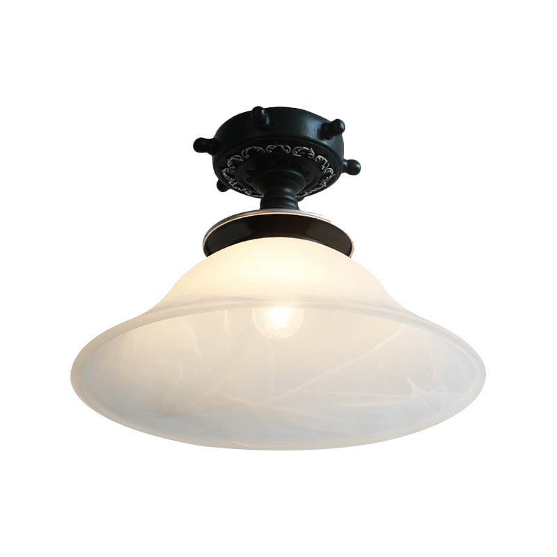 Plafonnier en verre opalin de style nautique en forme de cloche en noir/blanc/bleu – Luminaire semi-encastré à 1 ampoule pour couloir