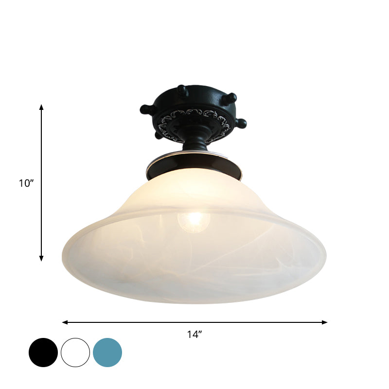 Plafonnier en verre opalin de style nautique en forme de cloche en noir/blanc/bleu – Luminaire semi-encastré à 1 ampoule pour couloir