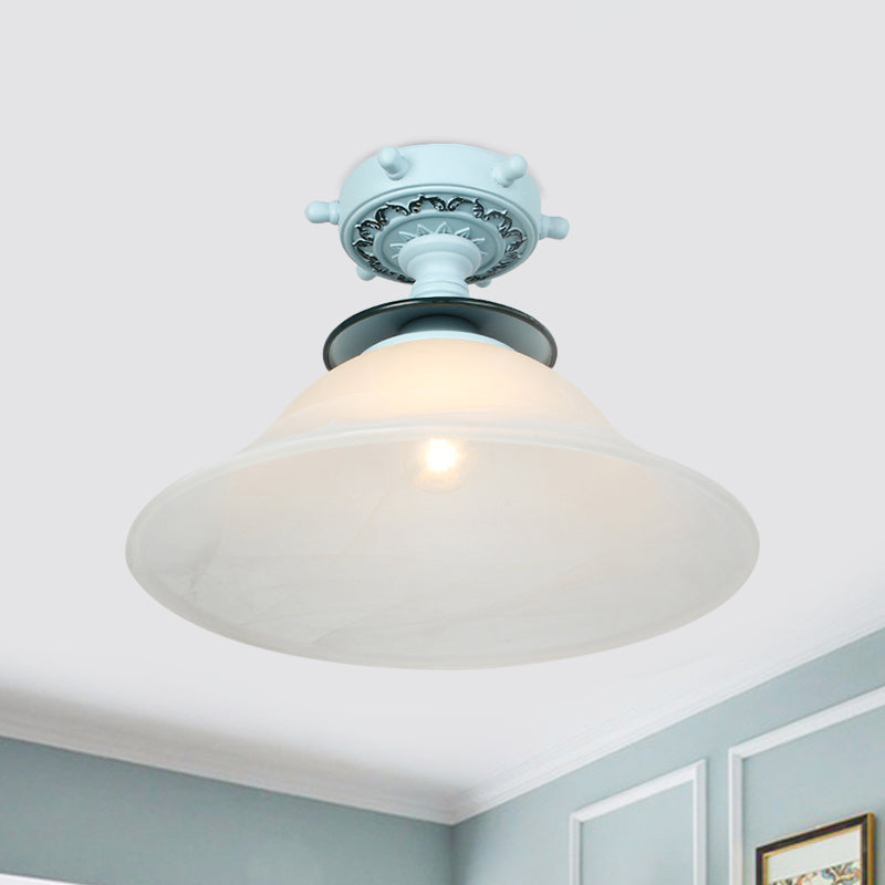Plafonnier en verre opalin de style nautique en forme de cloche en noir/blanc/bleu – Luminaire semi-encastré à 1 ampoule pour couloir
