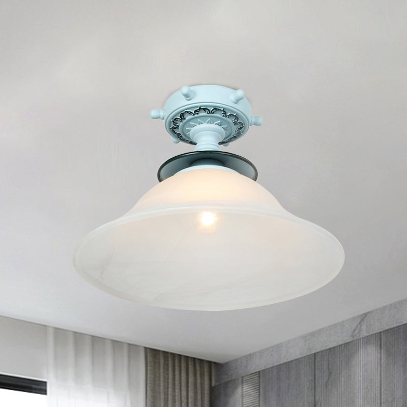 Plafonnier en verre opalin de style nautique en forme de cloche en noir/blanc/bleu – Luminaire semi-encastré à 1 ampoule pour couloir