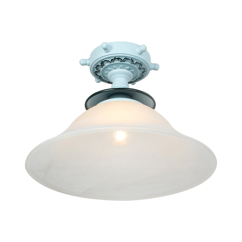 Plafonnier en verre opalin de style nautique en forme de cloche en noir/blanc/bleu – Luminaire semi-encastré à 1 ampoule pour couloir