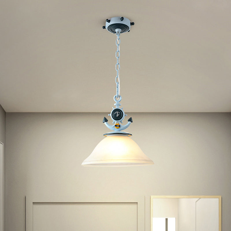 Coastal Frosted Glass Pendant Light With Anchor Design - 5/13 Diameter 1 Bulb Blue