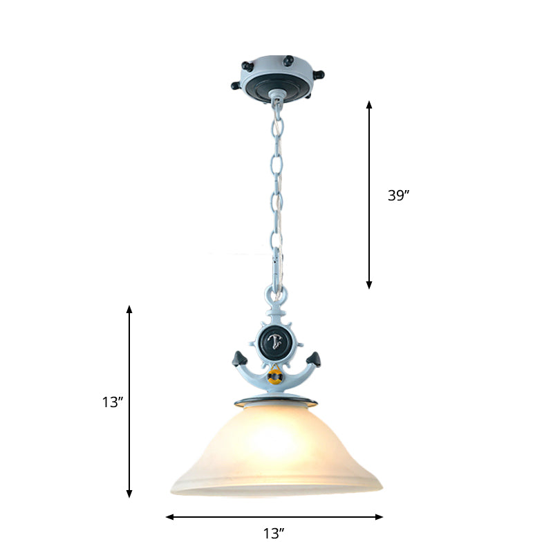 Coastal Frosted Glass Pendant Light With Anchor Design - 5/13 Diameter 1 Bulb Blue