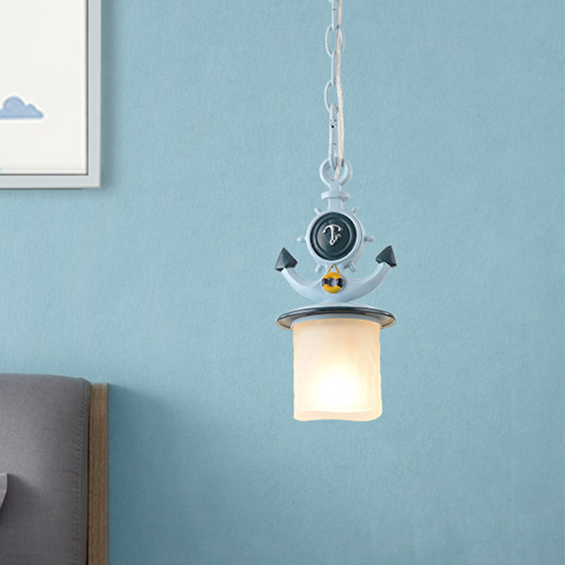 Coastal Frosted Glass Pendant Light With Anchor Design - 5/13 Diameter 1 Bulb Blue