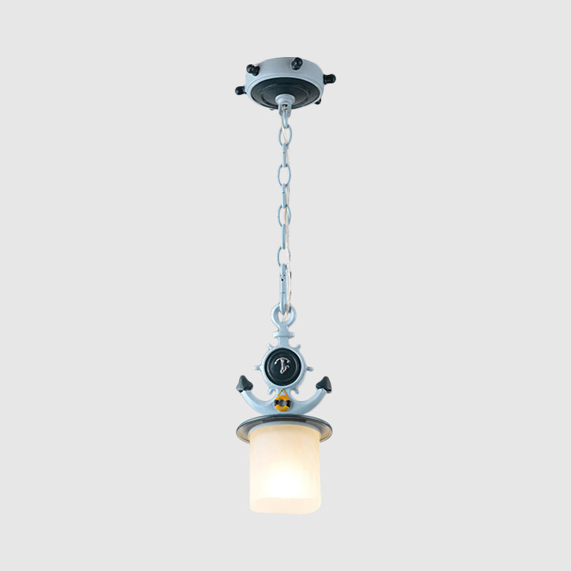 Coastal Frosted Glass Pendant Light With Anchor Design - 5/13 Diameter 1 Bulb Blue