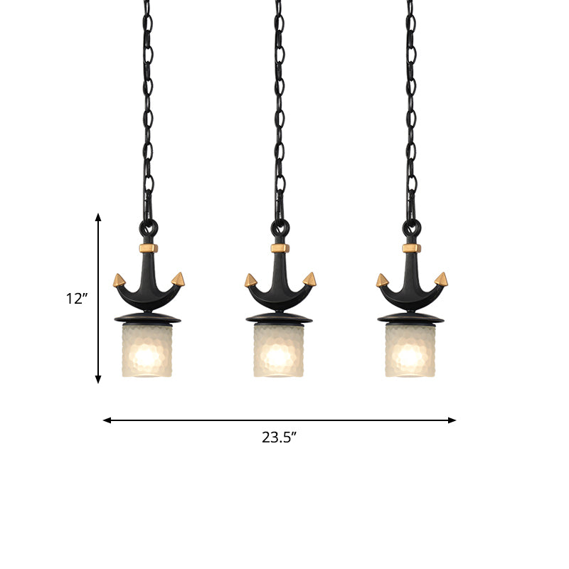 Modern Frosted Dimpled Glass Pendant Light With Linear/Round Canopy - Black | 3 Heads Parlor Hanging