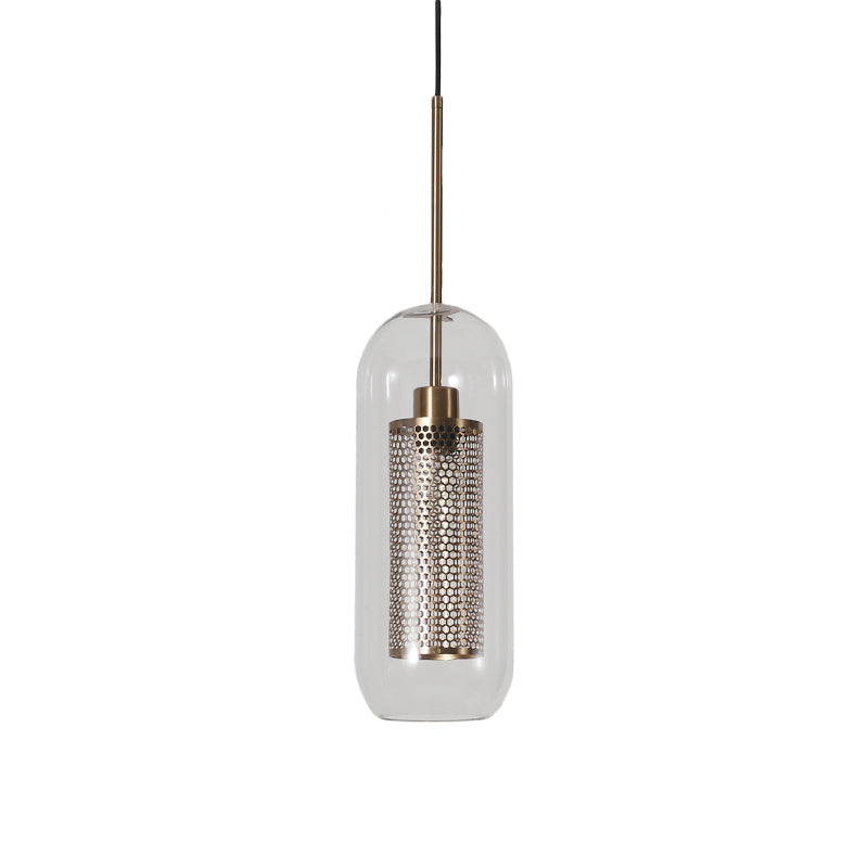 Modern Clear Glass Hanging Light With Mesh Screen For Balcony - Capsule Shape