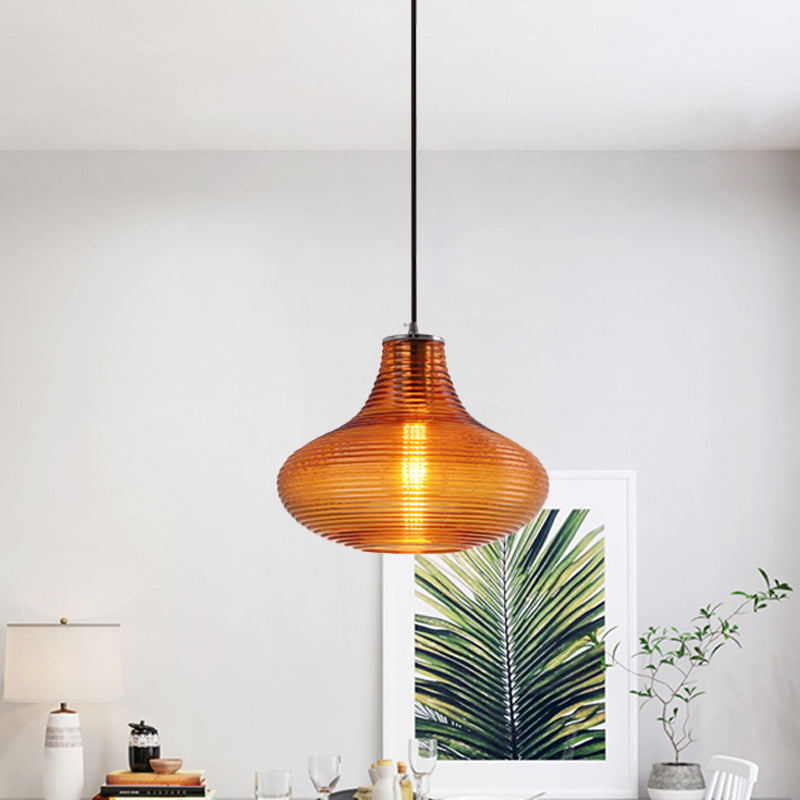 Contemporary Hanging Lamp Ridged Glass Vase Ceiling Pendant Light For Cloth Shops Amber / 10