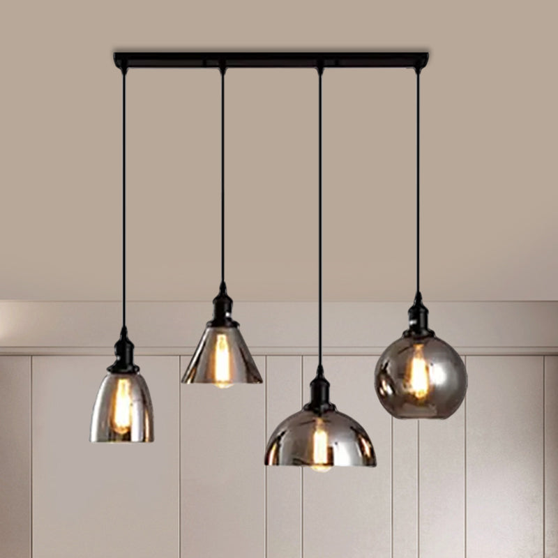 Industrial Smoked Glass Geometric Pendant Light Cluster with Black 3/4 Lights, Linear/Round Canopy