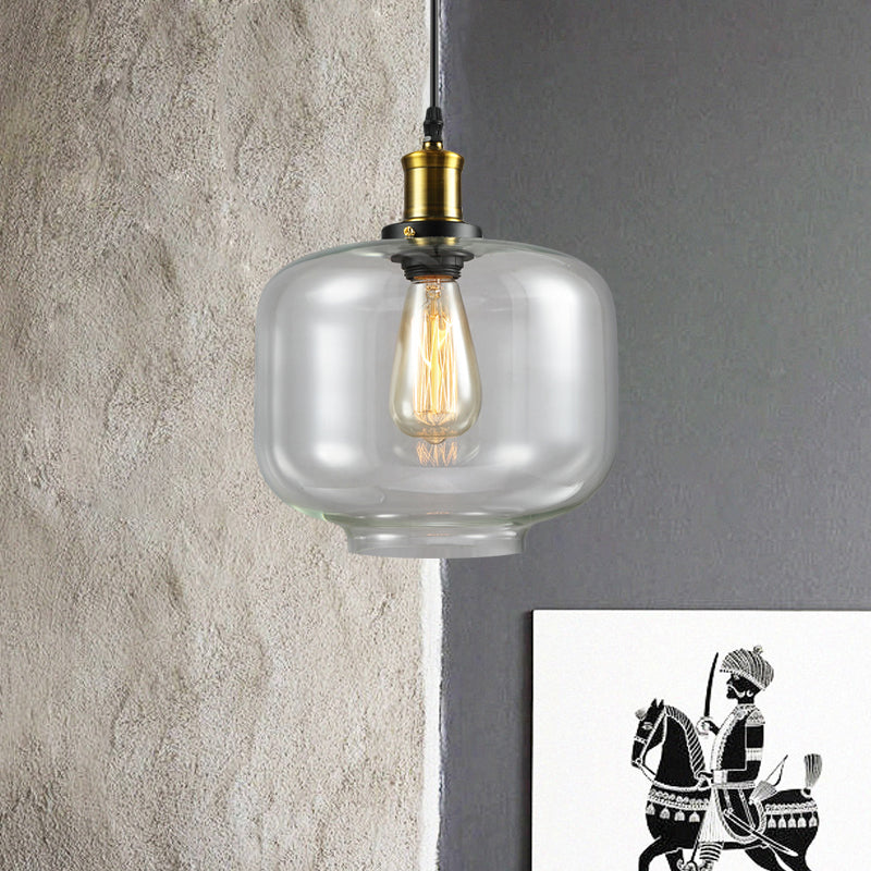 Vintage Brass Clear Glass Ceiling Pendant Light - 1-Light Cylinder/Dome/Schoolhouse Lamp / F