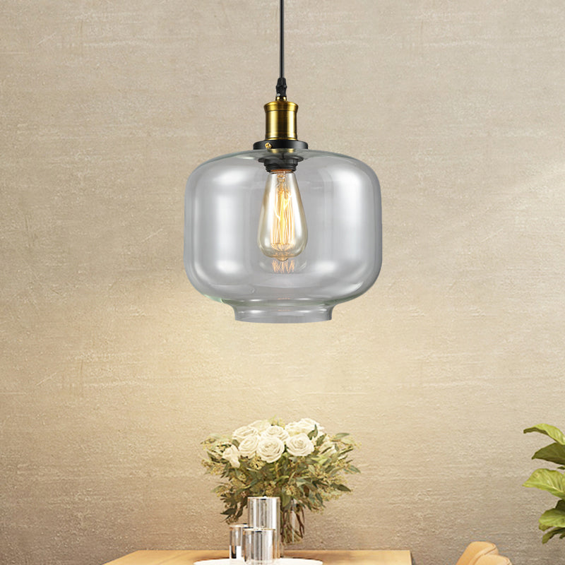 Vintage Brass Clear Glass Ceiling Pendant Light - 1-Light Cylinder/Dome/Schoolhouse Lamp