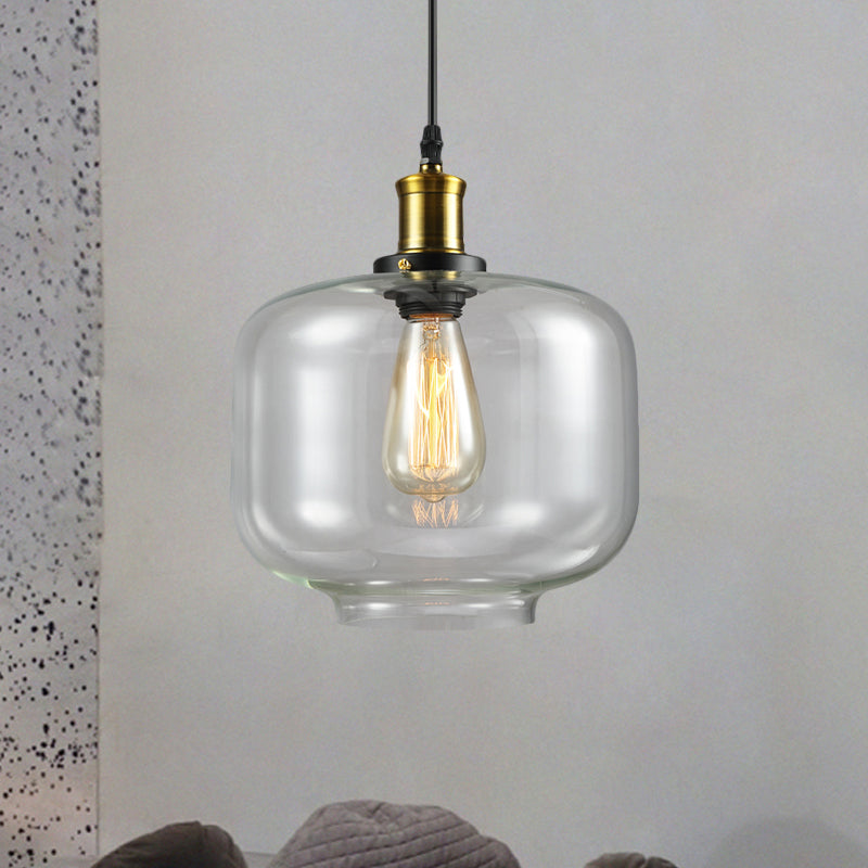 Vintage Brass Clear Glass Ceiling Pendant Light - 1-Light Cylinder/Dome/Schoolhouse Lamp