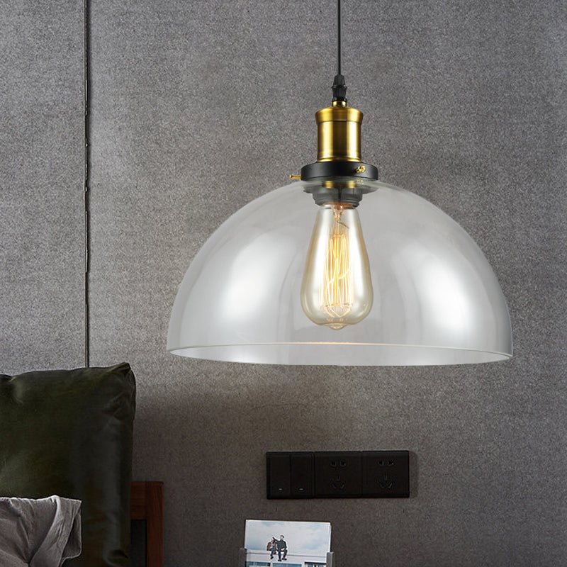 Vintage Brass Clear Glass Ceiling Pendant Light - 1-Light Cylinder/Dome/Schoolhouse Lamp