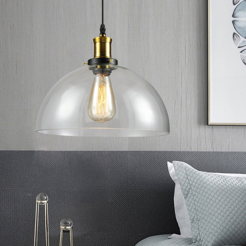 Vintage Brass Clear Glass Ceiling Pendant Light - 1-Light Cylinder/Dome/Schoolhouse Lamp