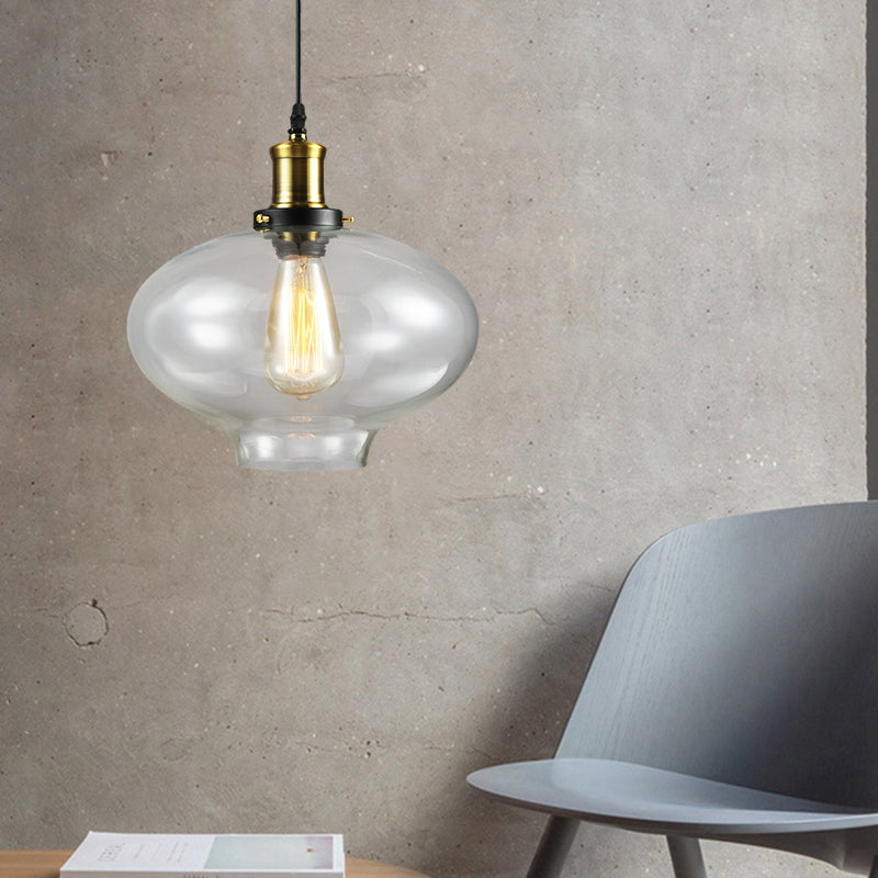 Vintage Brass Clear Glass Ceiling Pendant Light - 1-Light Cylinder/Dome/Schoolhouse Lamp