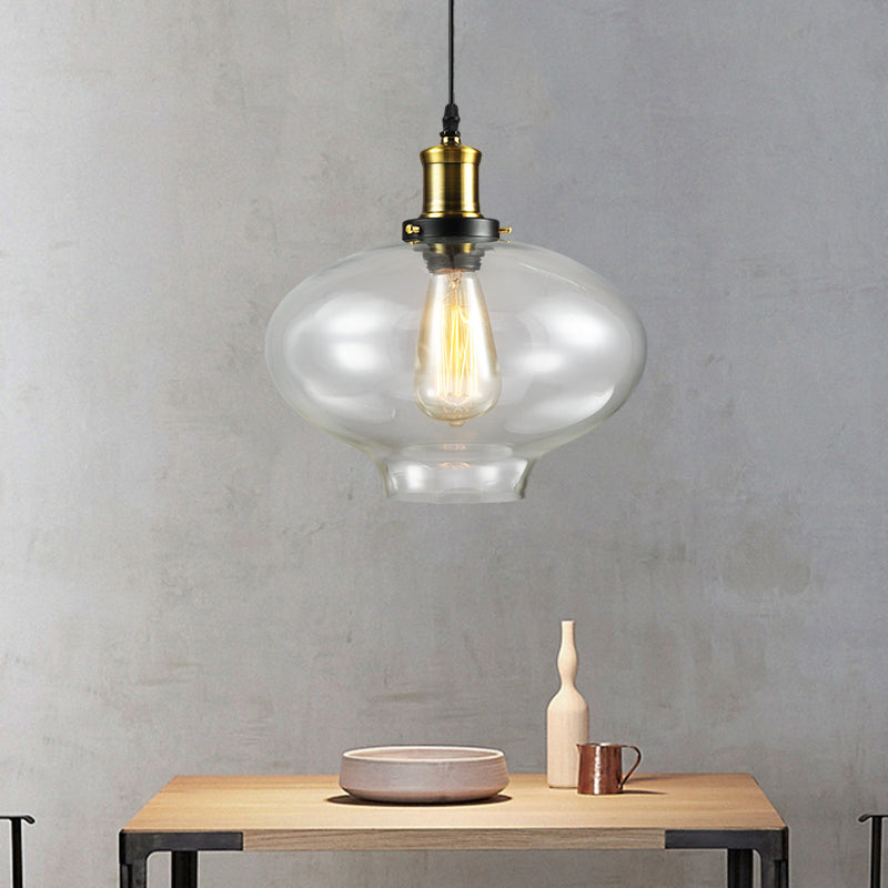 Vintage Brass Clear Glass Ceiling Pendant Light - 1-Light Cylinder/Dome/Schoolhouse Lamp