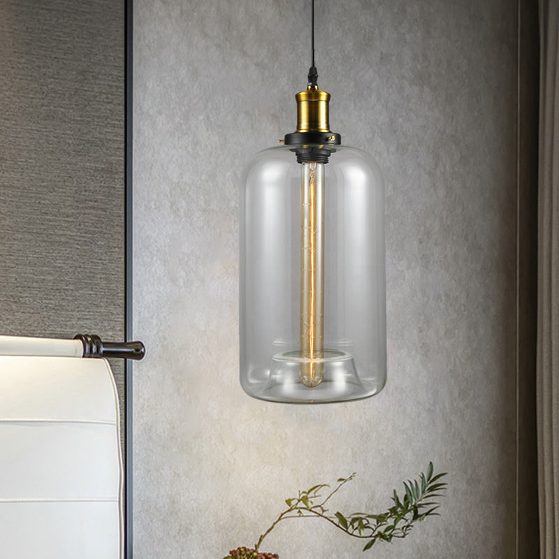 Vintage Brass Clear Glass Ceiling Pendant Light - 1-Light Cylinder/Dome/Schoolhouse Lamp / B