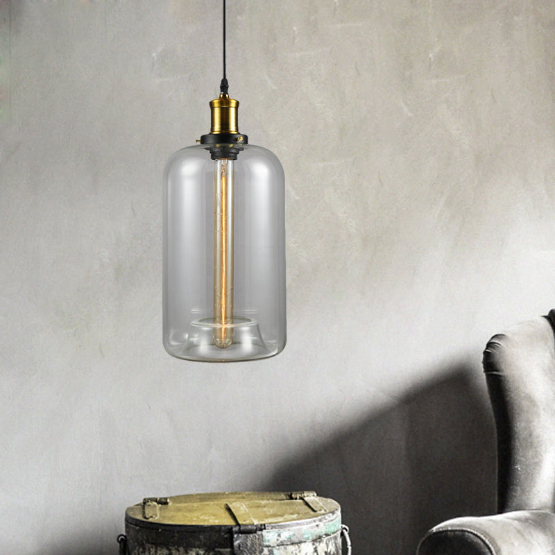 Vintage Brass Clear Glass Ceiling Pendant Light - 1-Light Cylinder/Dome/Schoolhouse Lamp