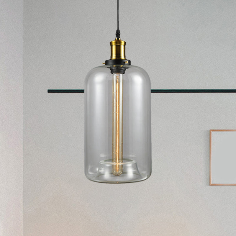 Vintage Brass Clear Glass Ceiling Pendant Light - 1-Light Cylinder/Dome/Schoolhouse Lamp