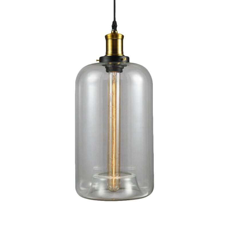 Vintage Brass Clear Glass Ceiling Pendant Light - 1-Light Cylinder/Dome/Schoolhouse Lamp