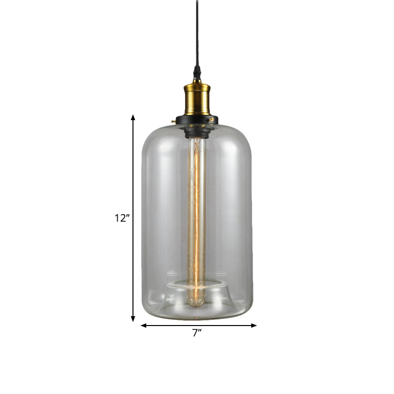 Vintage Brass Clear Glass Ceiling Pendant Light - 1-Light Cylinder/Dome/Schoolhouse Lamp