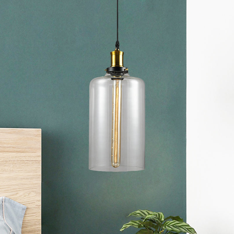 Vintage Brass Clear Glass Ceiling Pendant Light - 1-Light Cylinder/Dome/Schoolhouse Lamp / A