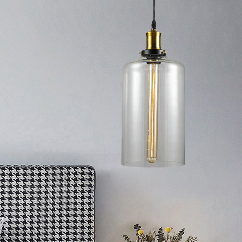 Vintage Brass Clear Glass Ceiling Pendant Light - 1-Light Cylinder/Dome/Schoolhouse Lamp